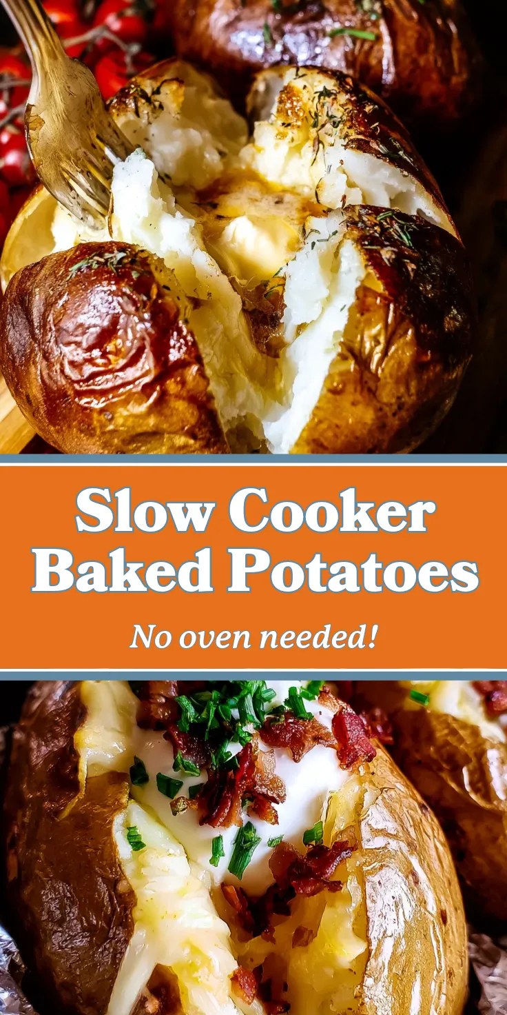 Slow cooker baked potatoes topped with butter, chives, and bacon bits, golden brown skin with fluffy white interior.