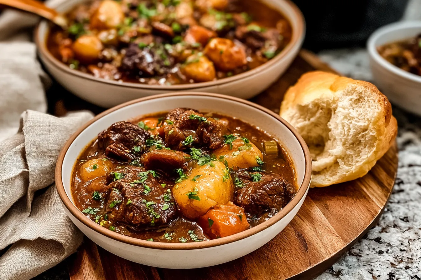 Slow-Cooker-Beef-Stew-Recipe-3 Hearty beef stew with potatoes, carrots, and herbs in a brown broth, served in a white bowl.