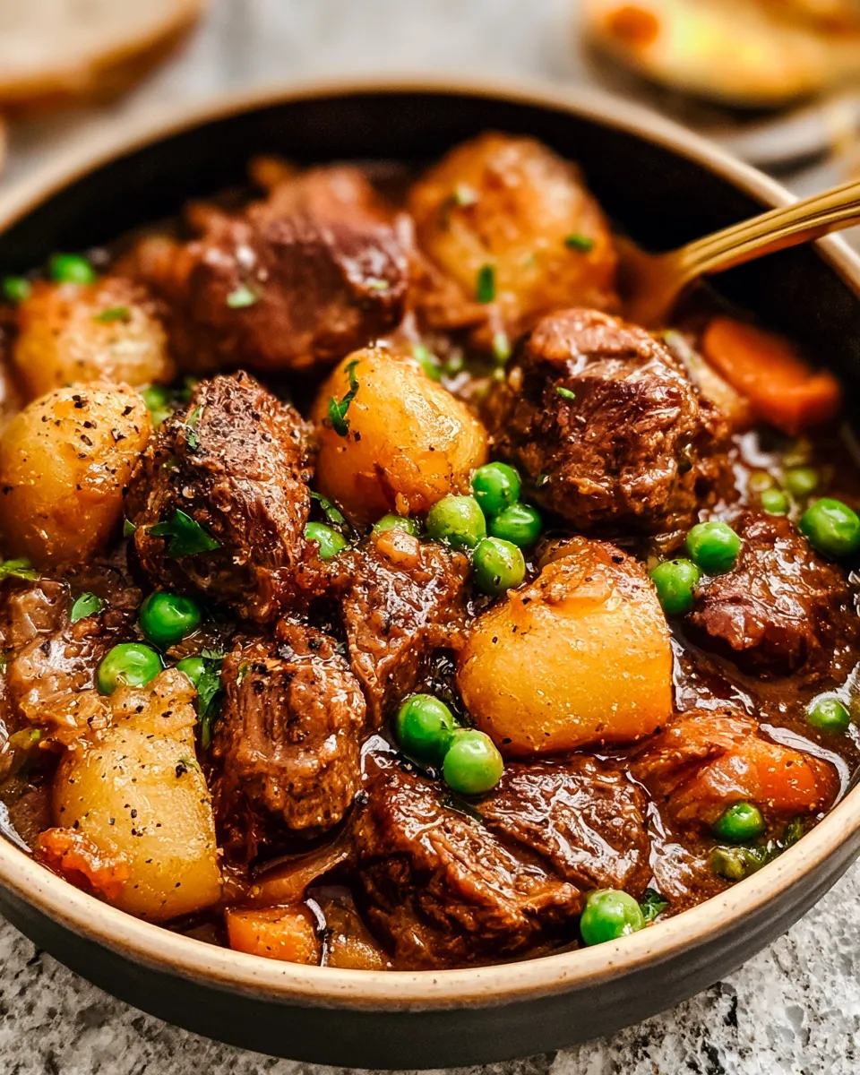 Slow-Cooker-Beef-Stew-Recipe-2 Hearty beef stew with potatoes, peas, and carrots, simmered to tender perfection in a rich brown sauce.