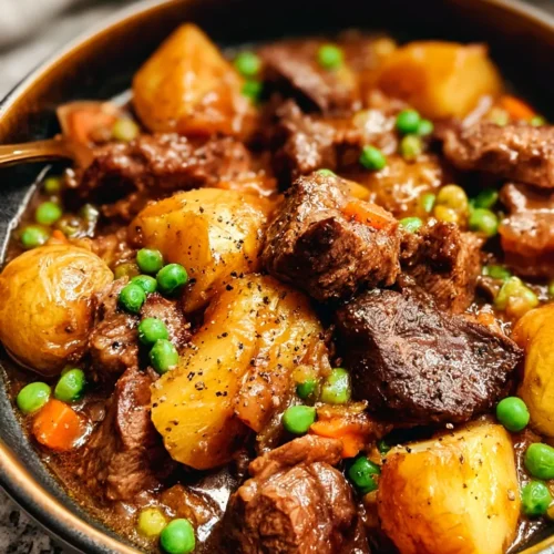 Slow Cooker Beef Stew Recipe with carrots, and peas in a rich broth, served in a dark bowl.