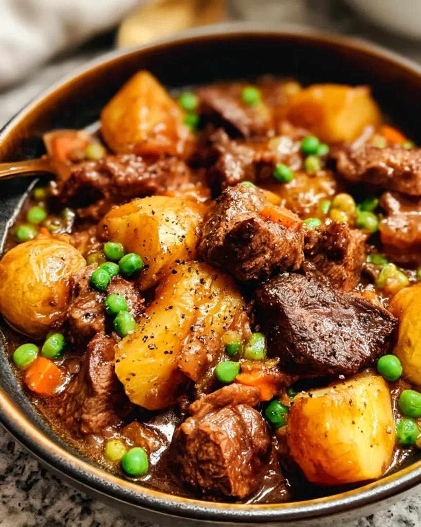 Slow Cooker Beef Stew Recipe with carrots, and peas in a rich broth, served in a dark bowl.