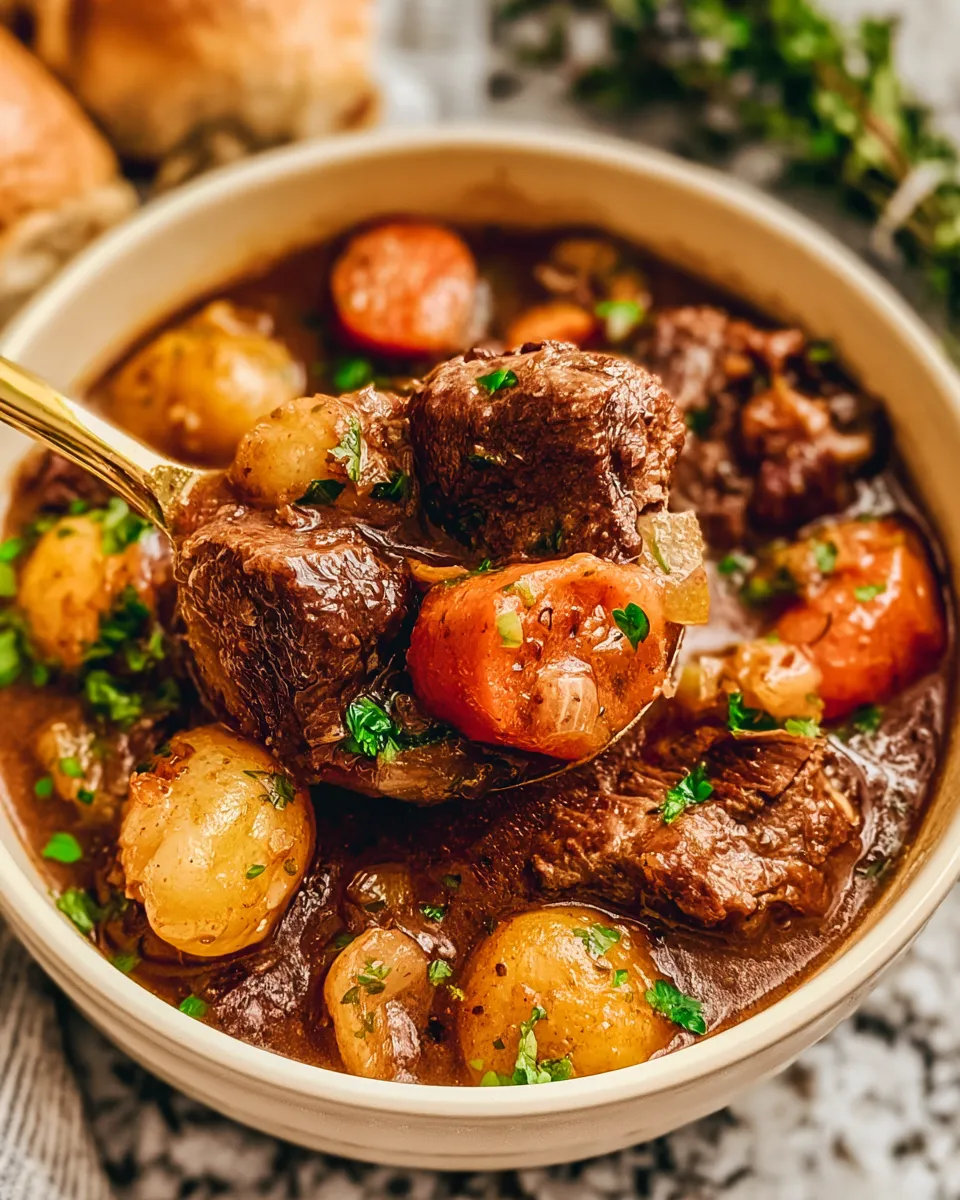 Slow-Cooker-Beef-Stew-Recipe-4 Hearty beef stew with tender chunks of meat, carrots, and potatoes, garnished with fresh parsley in a bowl.