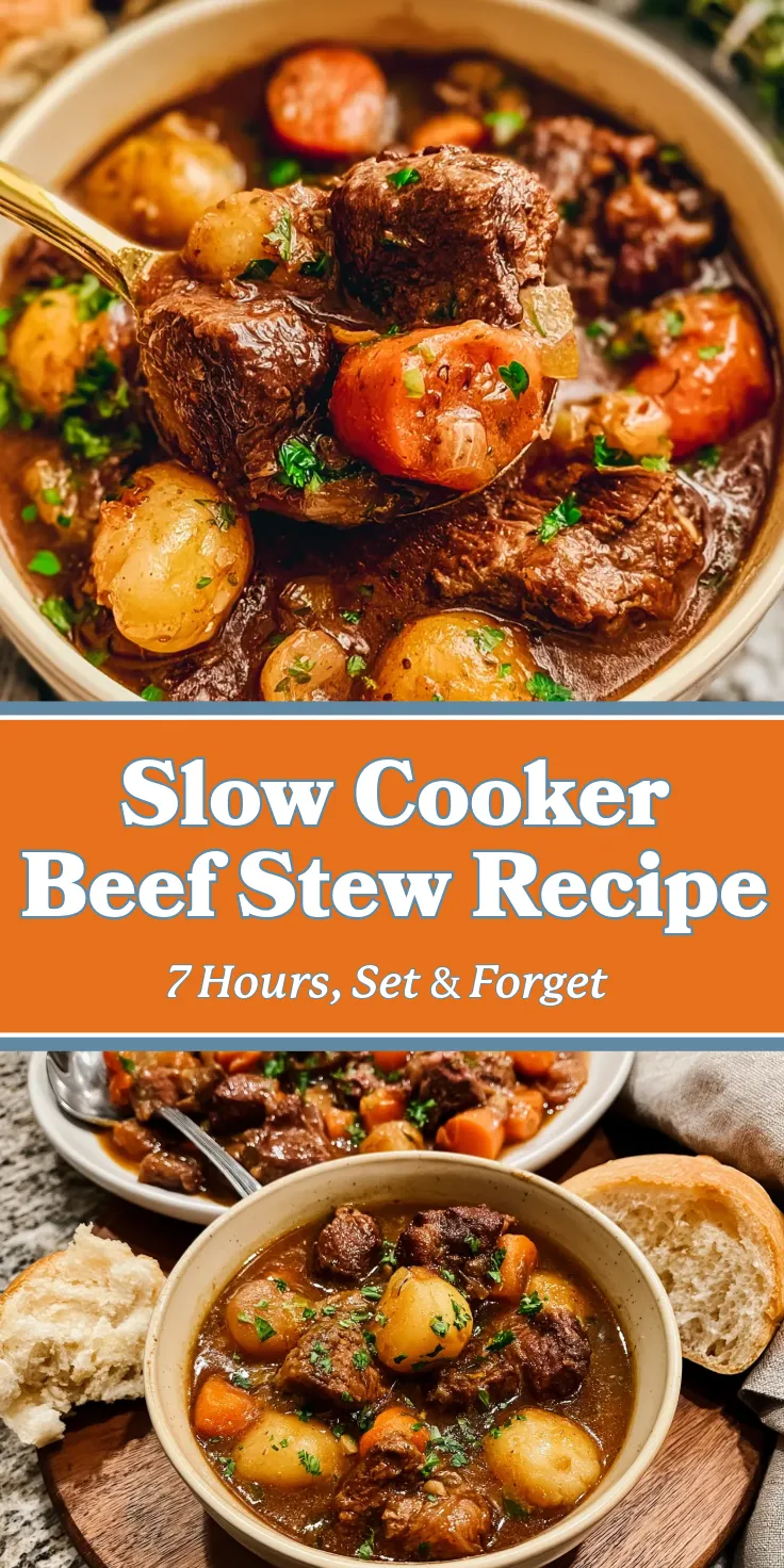 Slow-Cooker-Beef-Stew-Recipe-pin Hearty slow cooker beef stew with tender beef, carrots, and potatoes in rich gravy, garnished with parsley.