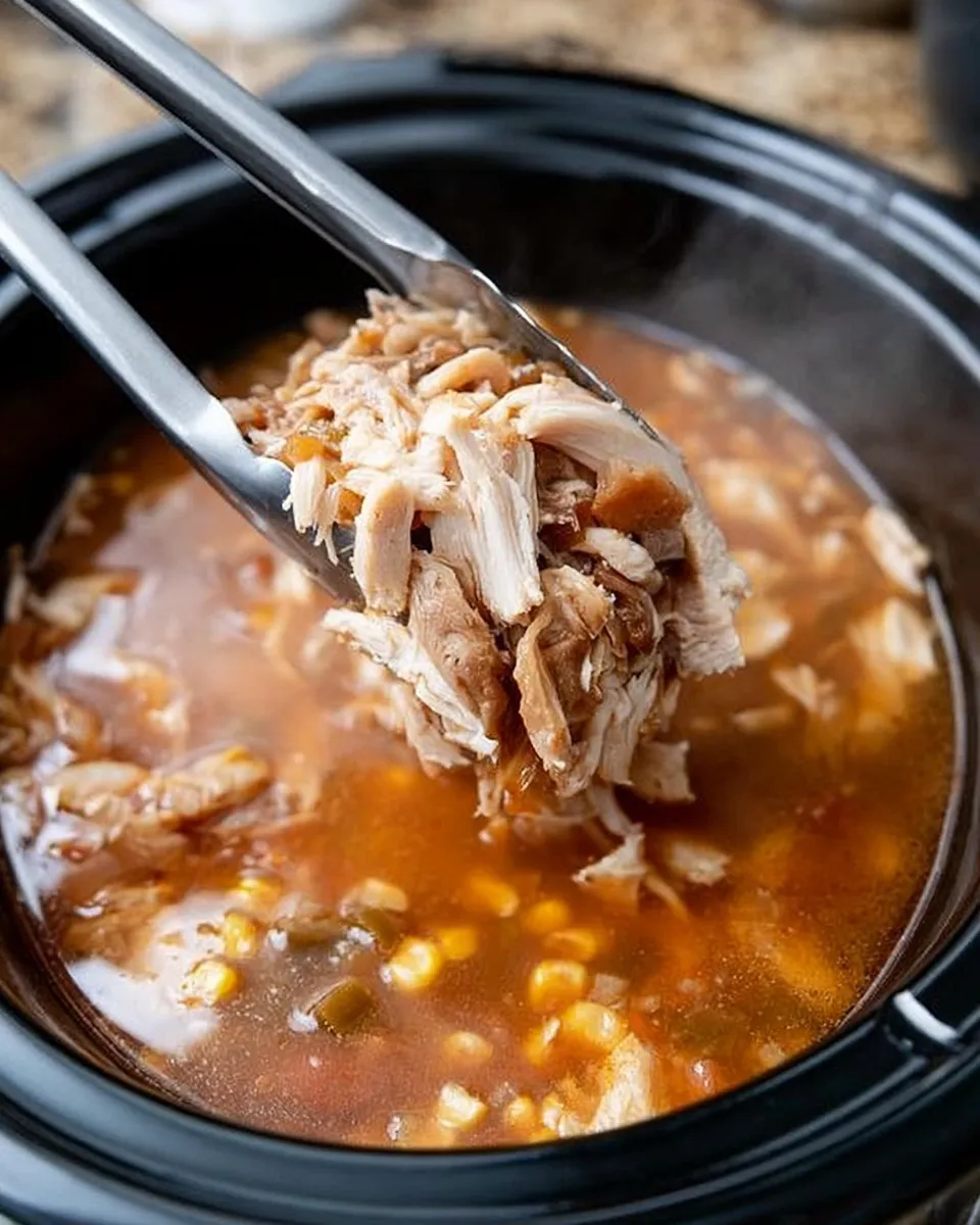 Slow-cooked chicken soup with corn and vegetables, garnished with shredded chicken, in a dark bowl.