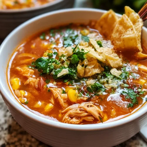 Slow Cooker Chicken Tortilla Soup: Hearty chicken soup with corn, cilantro, and tortilla chips, served in a white bowl, garnished and colorful.