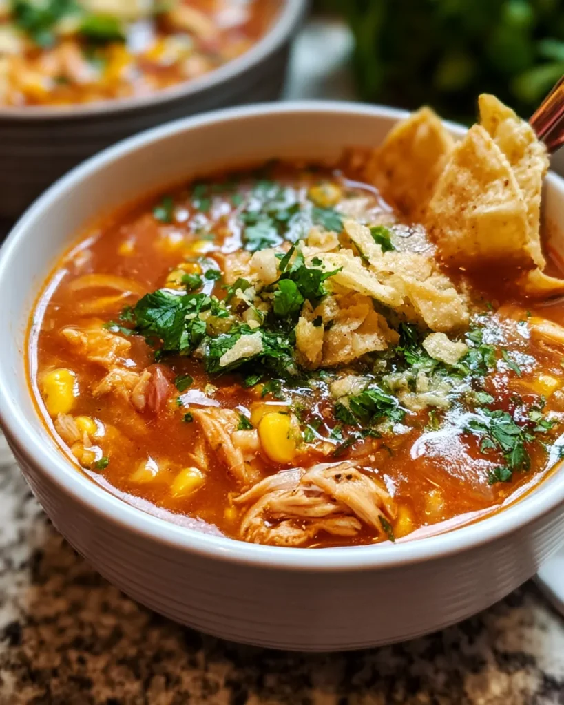 Slow Cooker Chicken Tortilla Soup: Hearty chicken soup with corn, cilantro, and tortilla chips, served in a white bowl, garnished and colorful.