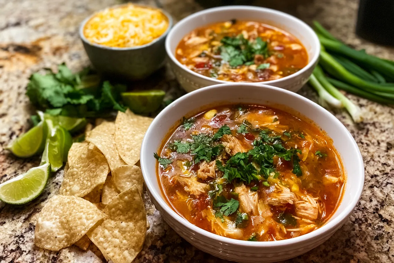 Hearty chicken soup with corn, tomatoes, and cilantro, served in white bowls with tortilla chips and lime wedges alongside.