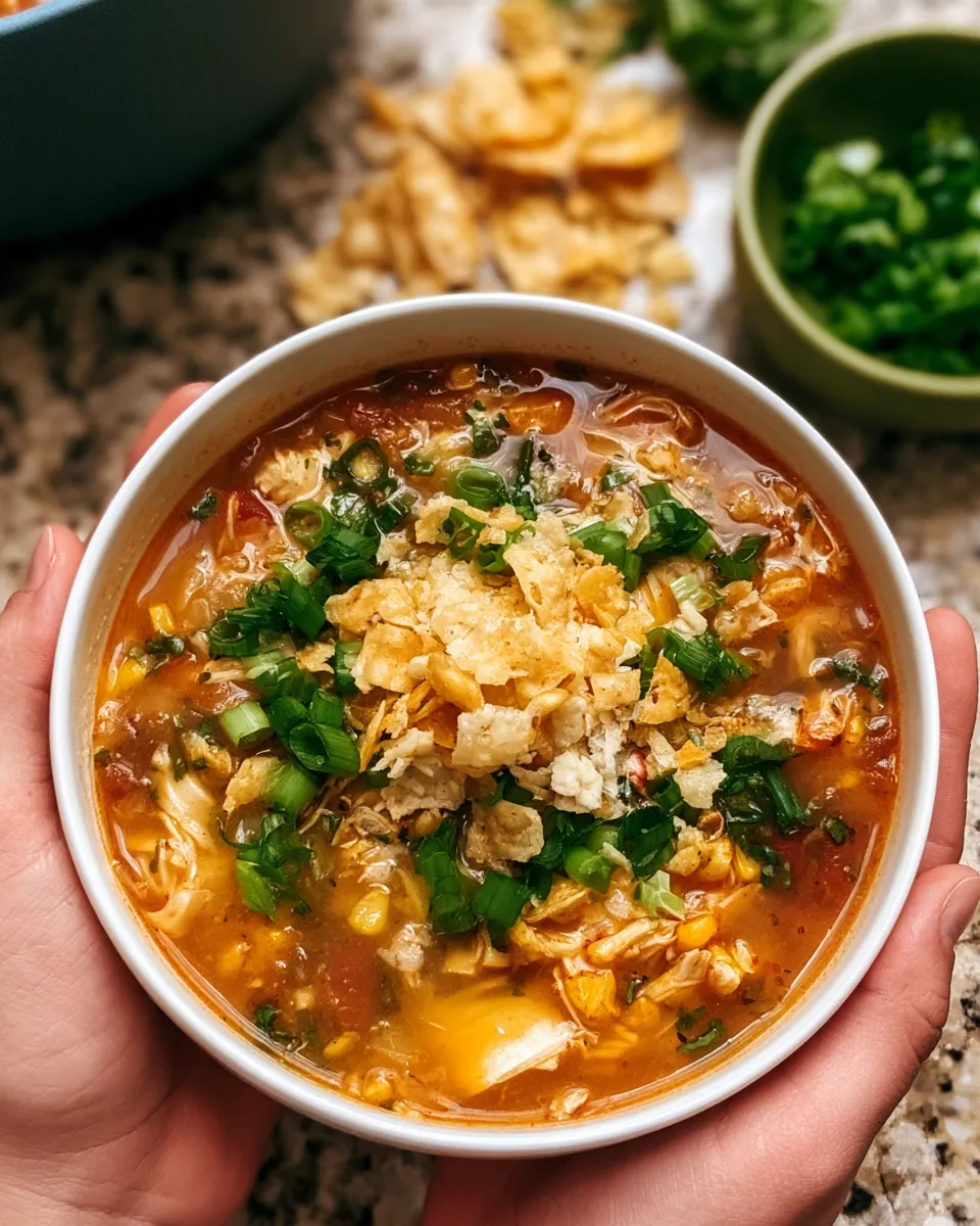 A bowl of chicken soup topped with green onions and crispy bits, warm orange broth, served in a white bowl.