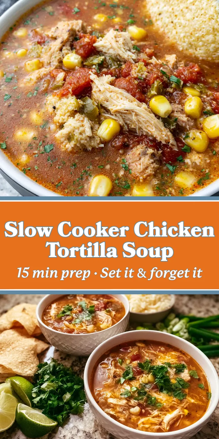 Slow cooker chicken tortilla soup with shredded chicken, corn, tomatoes, garnished with cilantro, served with tortilla chips.