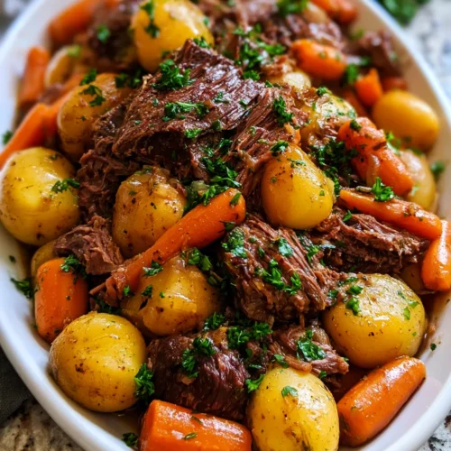 Tender braised beef with baby potatoes and carrots, garnished with parsley, in a white serving dish.