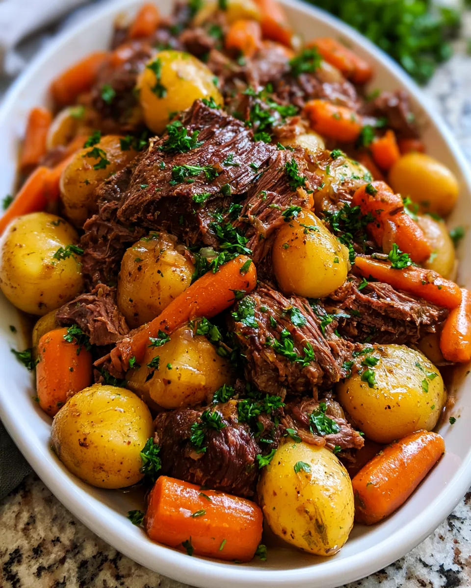 Slow-Cooker-Pot-Roast-2 Tender braised beef with baby potatoes and carrots, garnished with parsley, in a white serving dish.