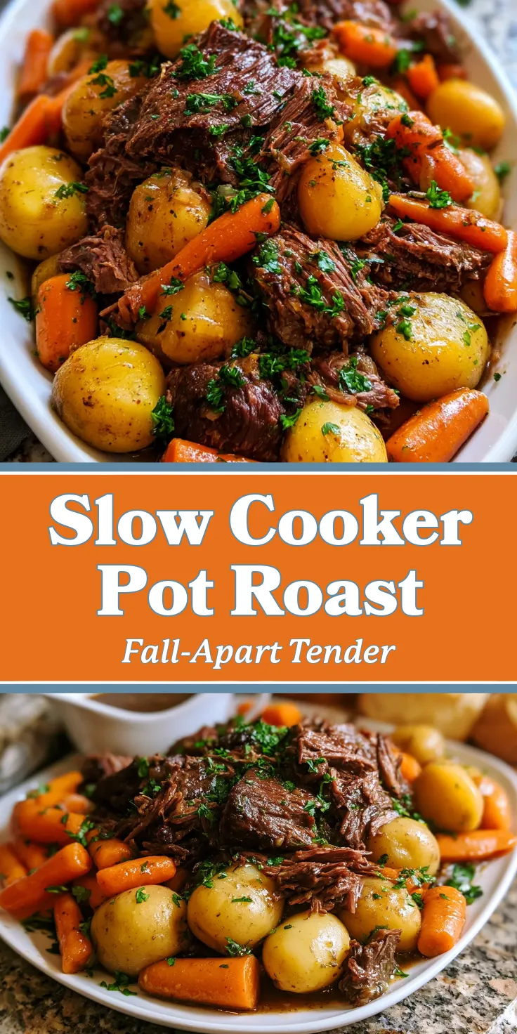 Slow-Cooker-Pot-Roast-pin Slow-cooked pot roast with tender beef, carrots, and potatoes garnished with parsley, served on a white platter.