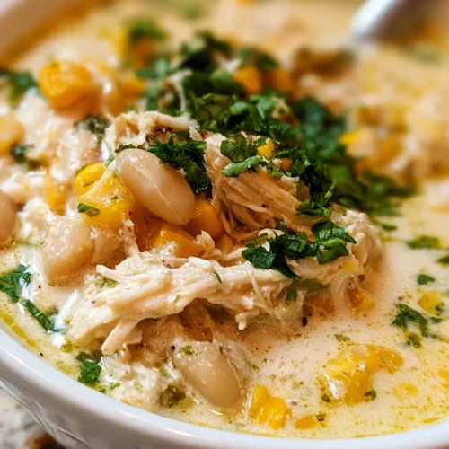 Slow Cooker White Chicken Chili: Creamy chicken and corn chowder with white beans, garnished with cilantro; served in a white bowl.