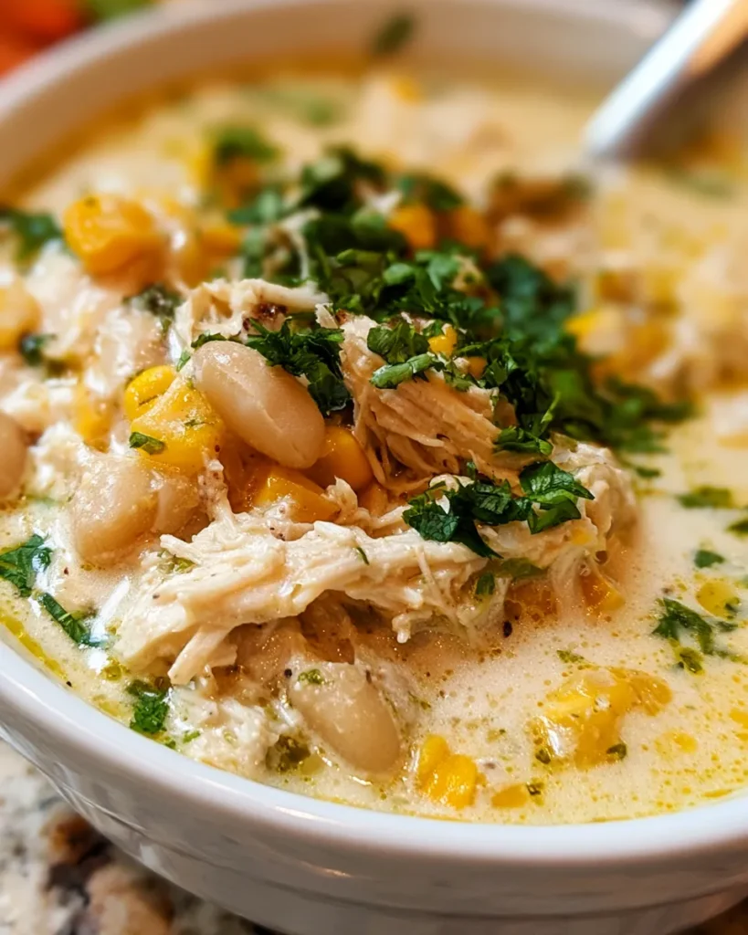 Slow Cooker White Chicken Chili: Creamy chicken and corn chowder with white beans, garnished with cilantro; served in a white bowl.
