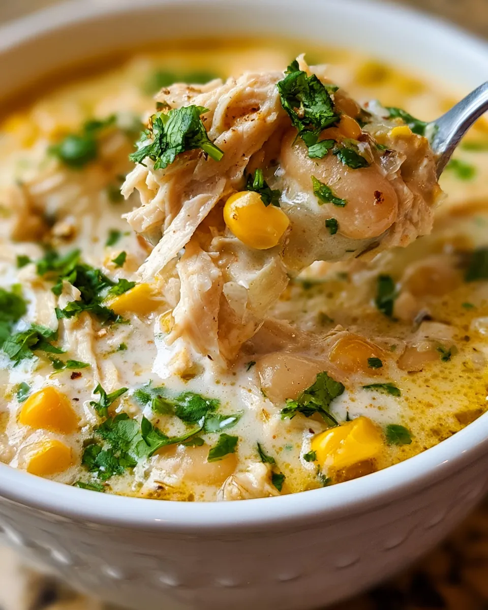 Slow-Cooker-White-Chicken-Chili-2 Creamy chicken soup with corn and beans, topped with fresh herbs, served in a white bowl.