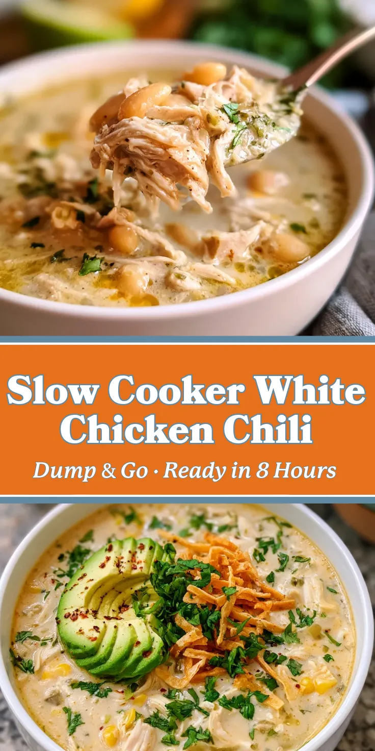 Slow-Cooker-White-Chicken-Chili-pin Slow cooker white chicken chili with shredded chicken, white beans, and avocado, garnished with cilantro and crispy onions.
