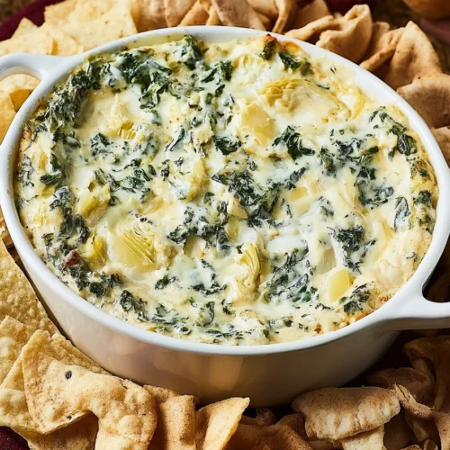 Applebee's Spinach Artichoke Dip Recipe, baked until golden, served with pita chips and crispy crackers.