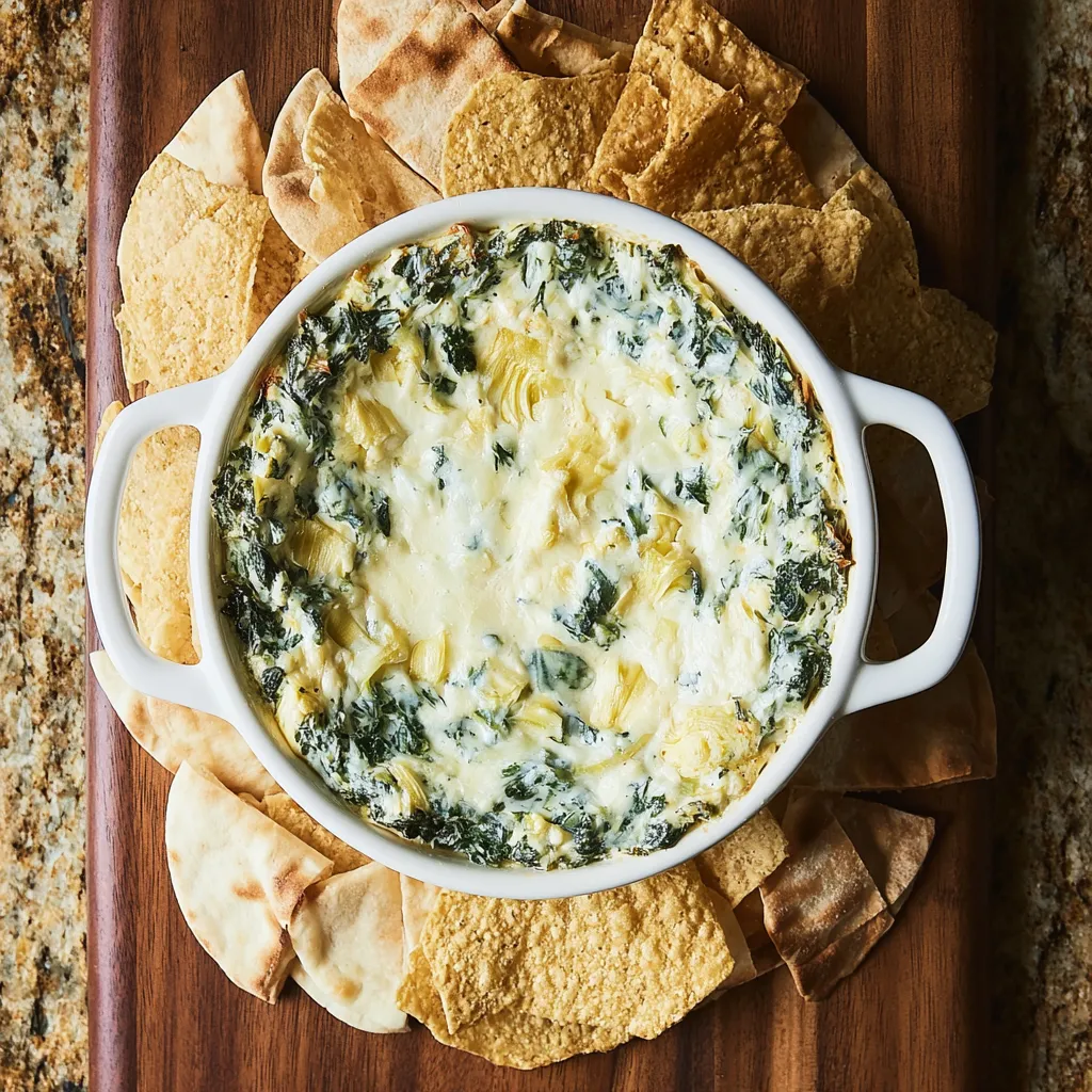 Creamy spinach and artichoke dip baked until golden, served with crispy tortilla chips on a wooden platter.