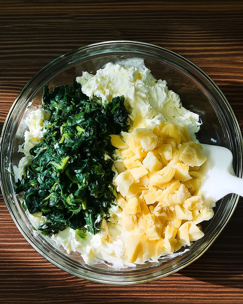 Spinach, artichokes, and cream cheese blended together in a glass mixing bowl.