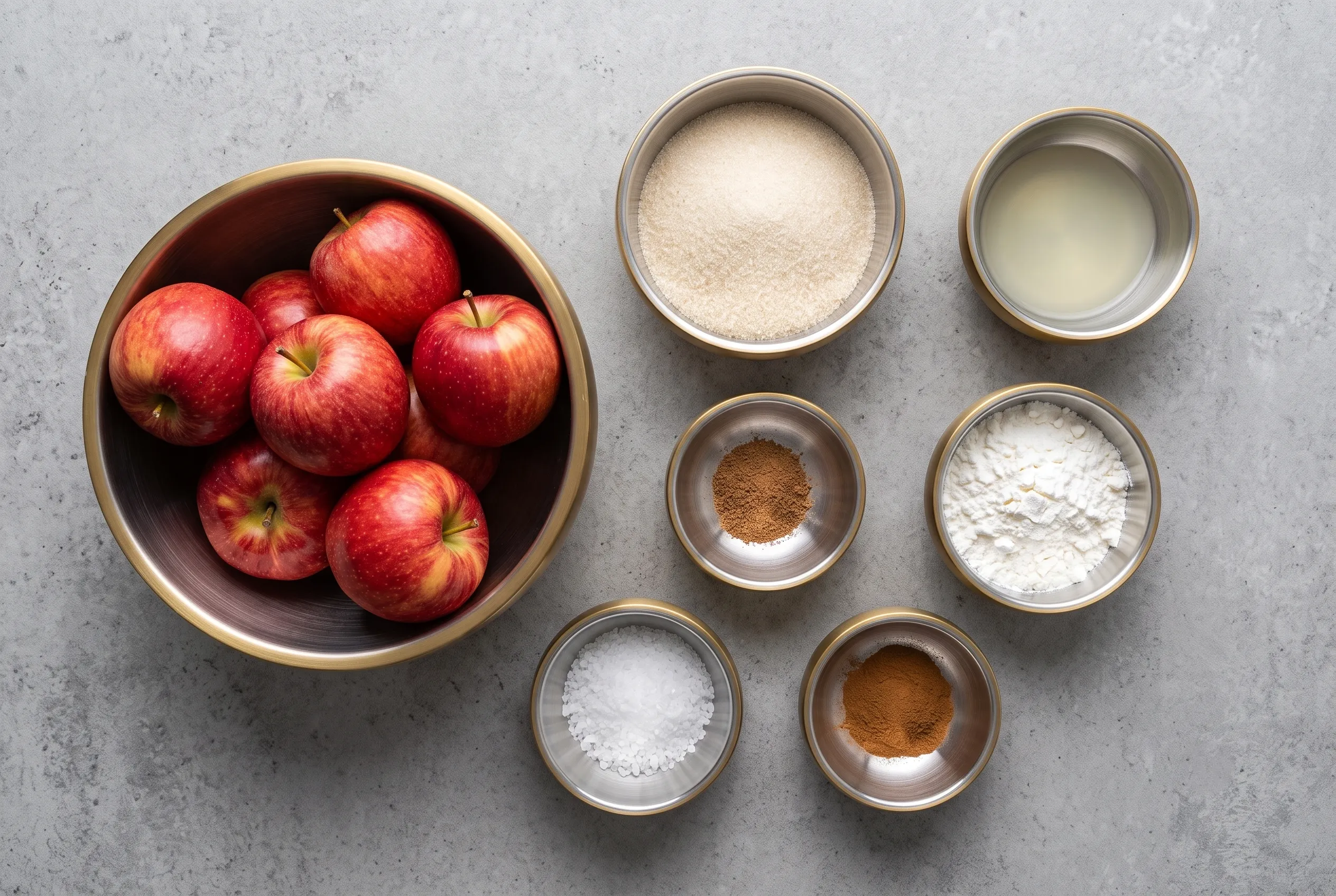 filling-ingredients Fresh red apples in a bowl with sugar, cinnamon, salt, and cornstarch in small bowls for cooking.