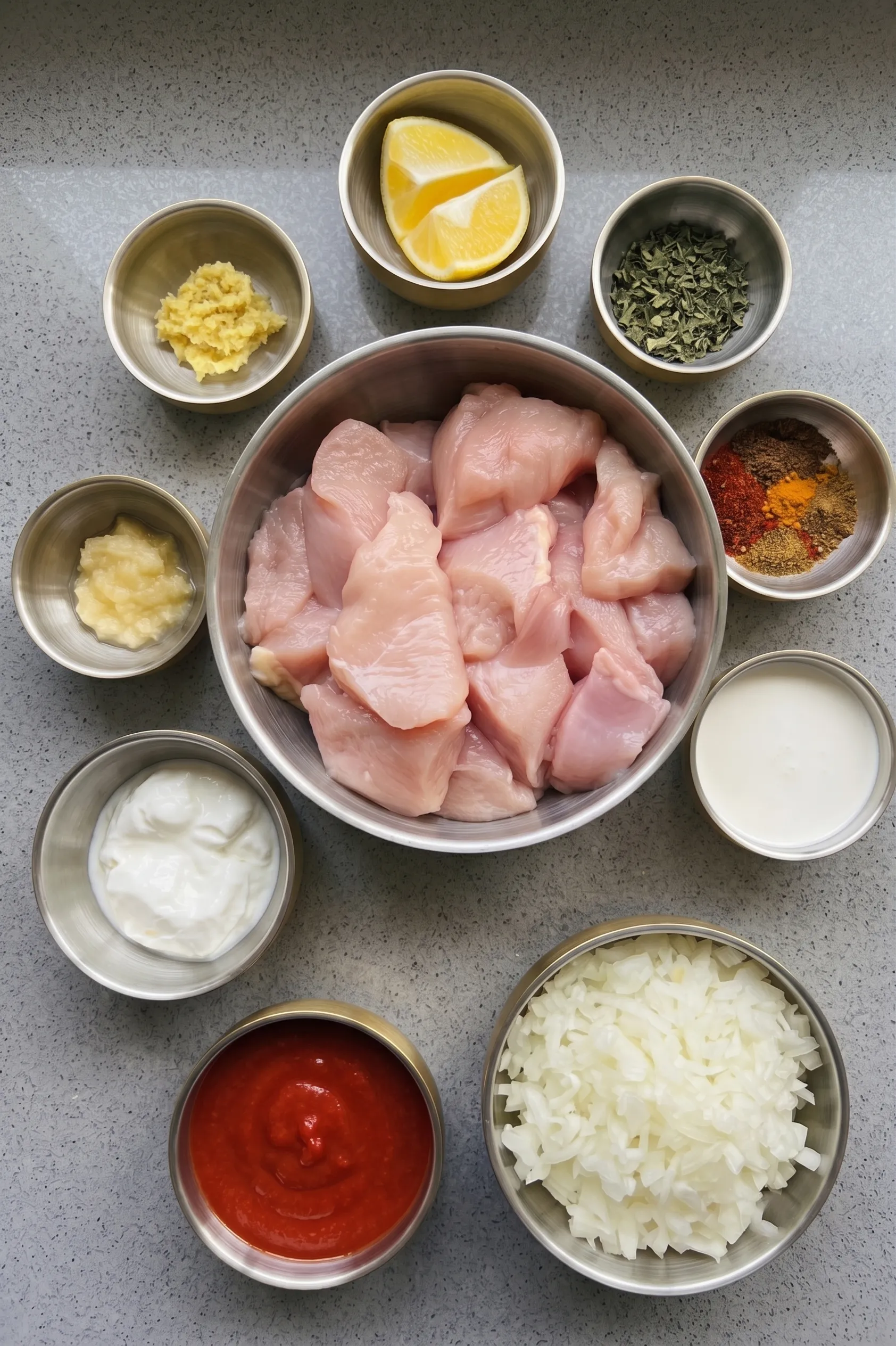ingredients Raw chicken pieces, spices, yogurt, tomato sauce, and lemon arranged in bowls for preparation.