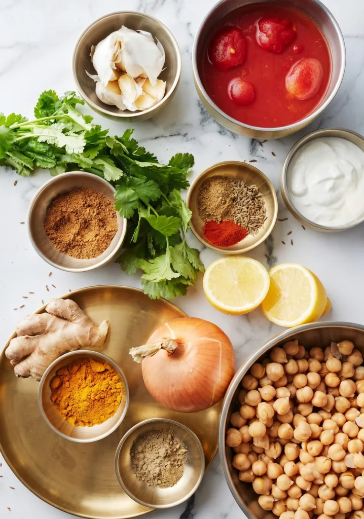 A vibrant assortment of ingredients for a chickpea curry, including tomatoes, spices, and fresh herbs.