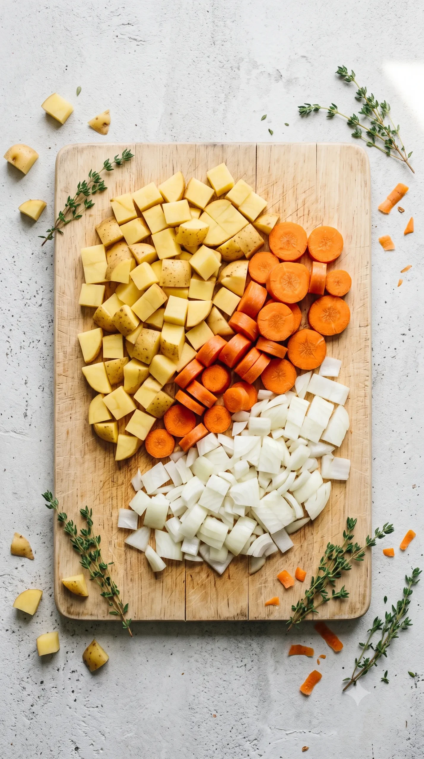 ingredients Chopped potatoes, carrots, and onions arranged on a wooden cutting board with fresh thyme sprigs.