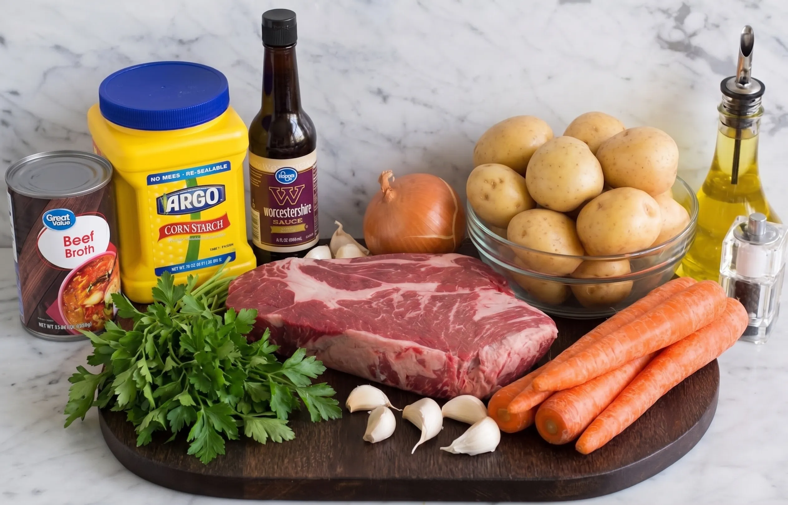 ingredients A variety of ingredients including beef, vegetables, and seasonings arranged for a hearty stew preparation.