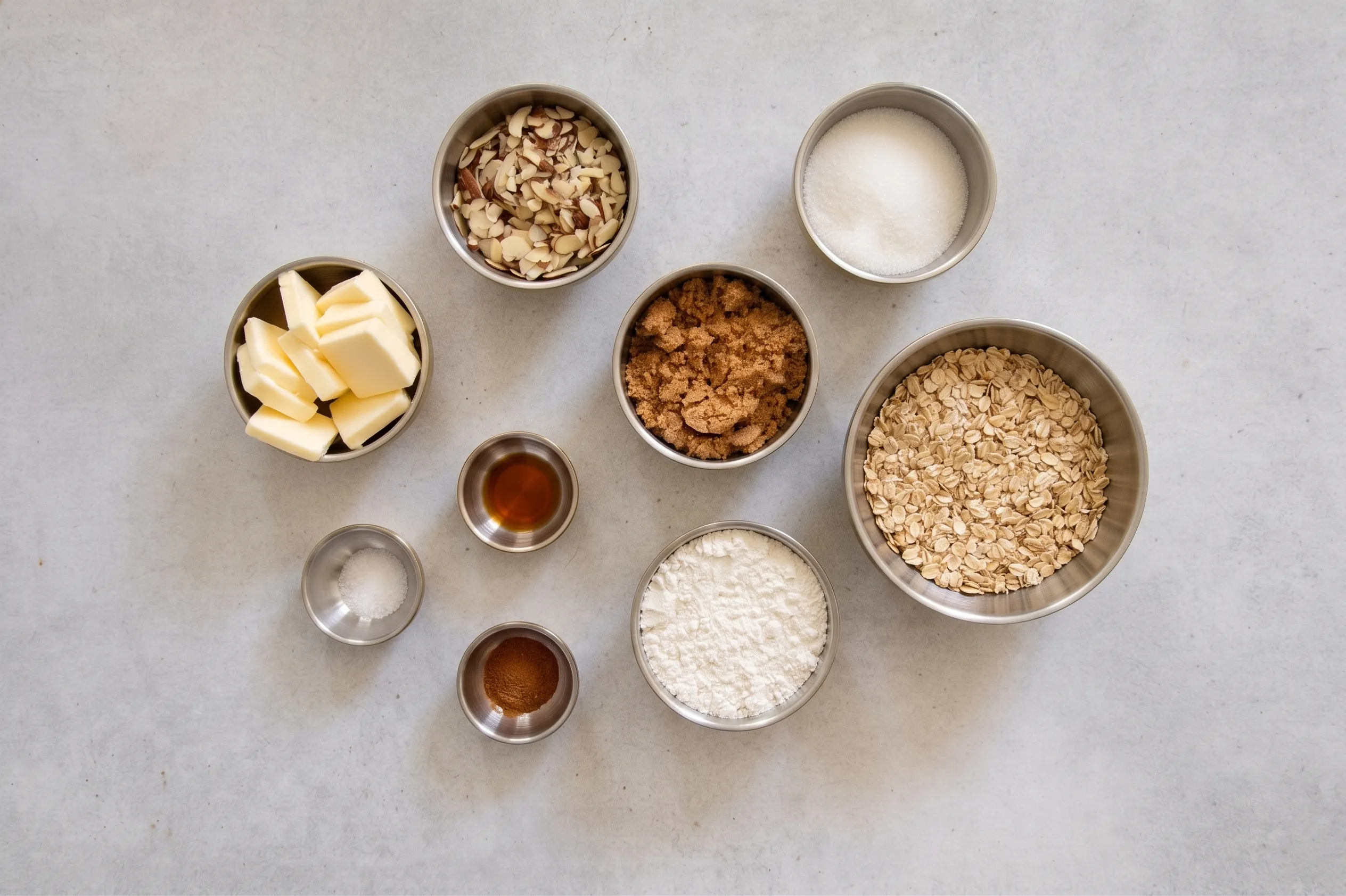 ingredients Ingredients for a dessert: butter, oats, sugar, flour, almonds, and spices in metal bowls on a light surface.