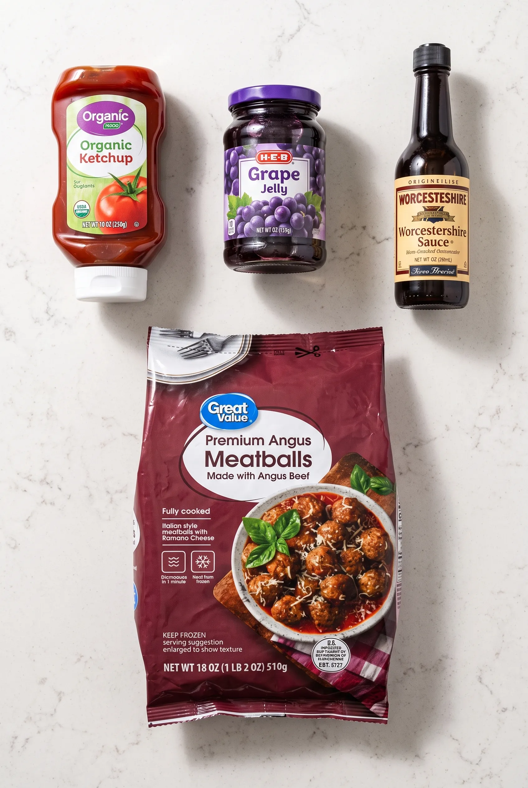 Ingredients for a meatball dish: ketchup, grape jelly, Worcestershire sauce, and Angus beef meatballs.