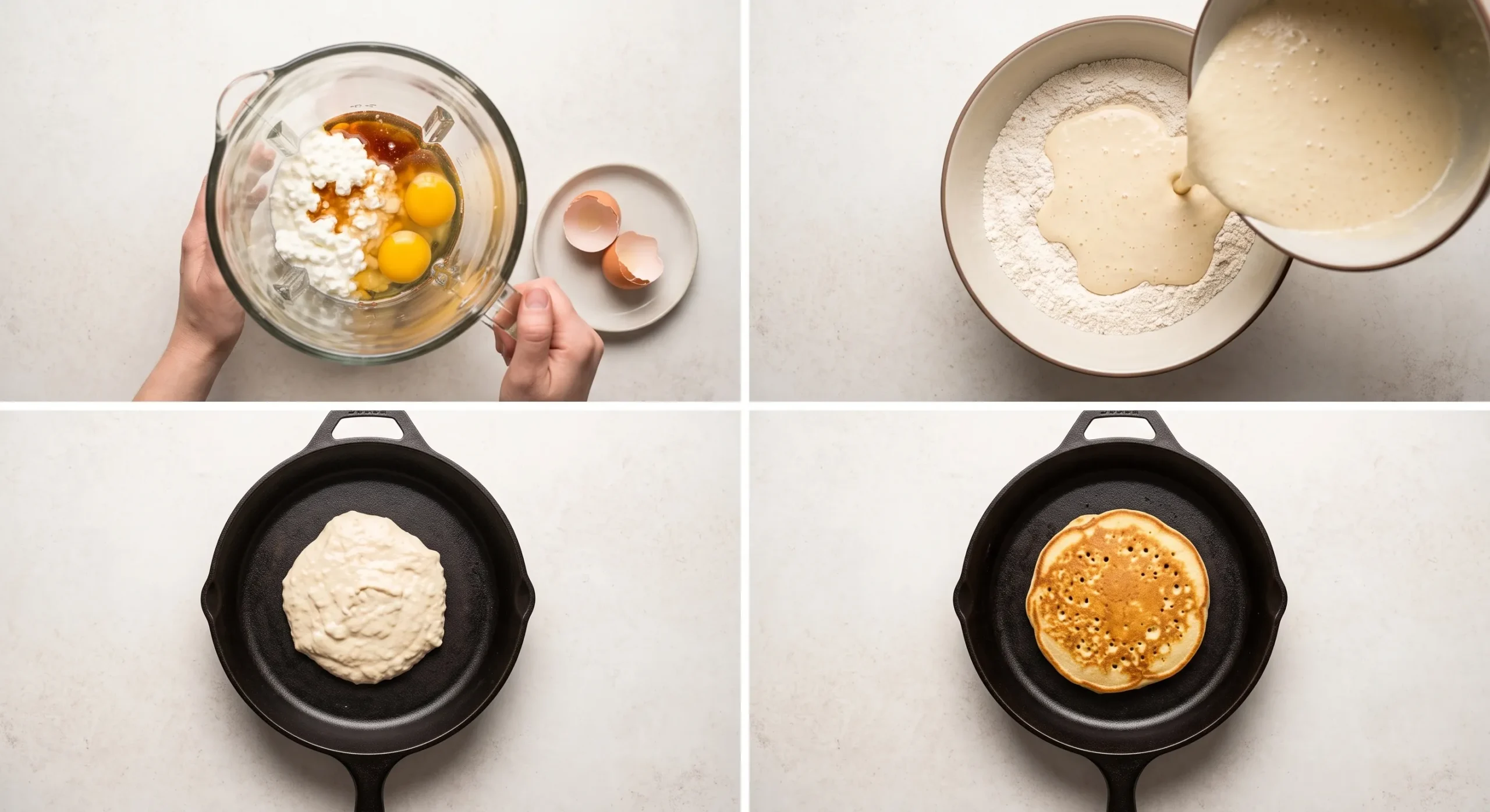 Blended batter being poured into a skillet to make pancakes, featuring eggs, cottage cheese, and flour.