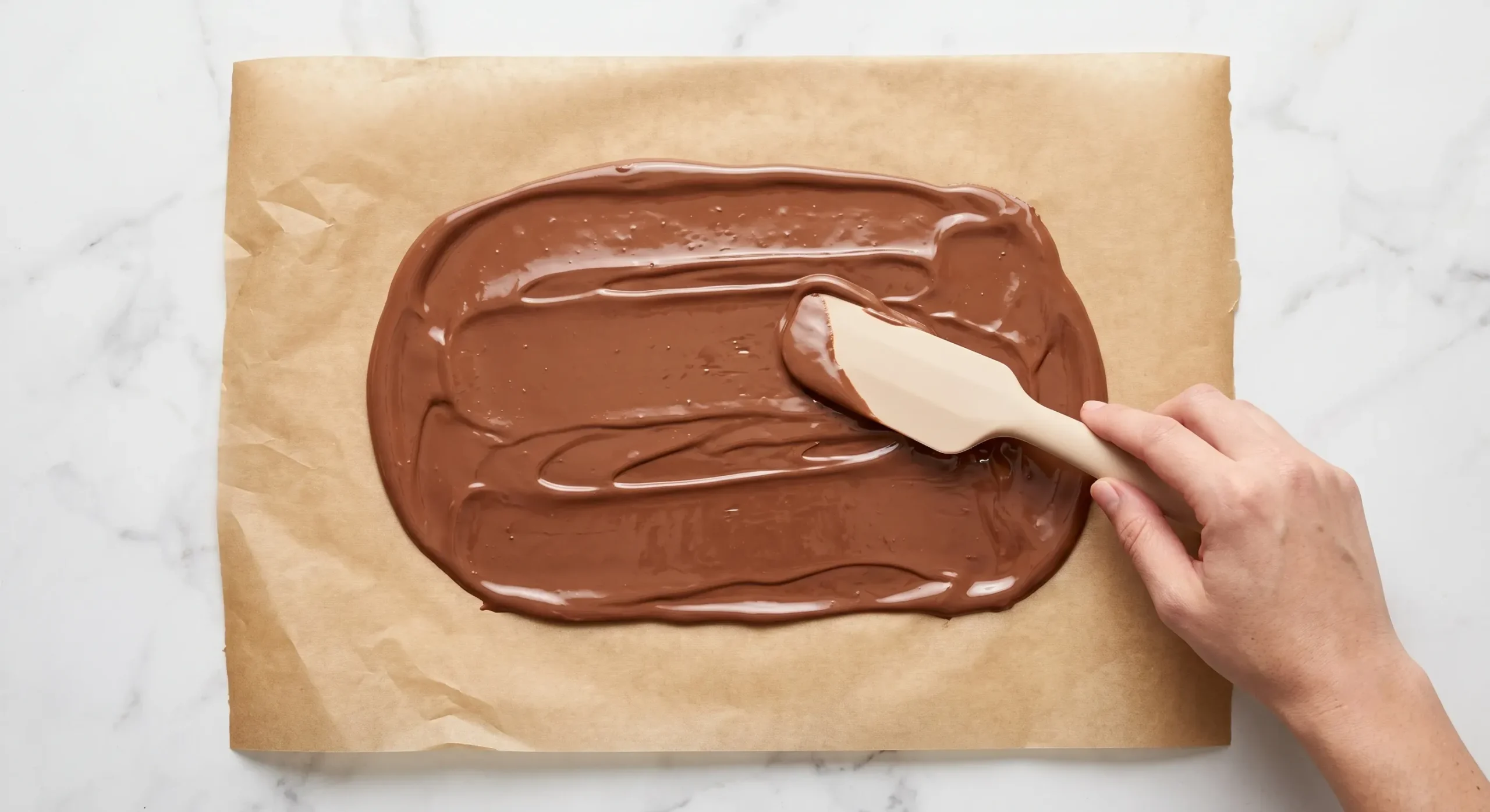 step-by-step Melted chocolate spread on parchment paper with a spatula, glossy appearance, smooth texture, ready to cool.