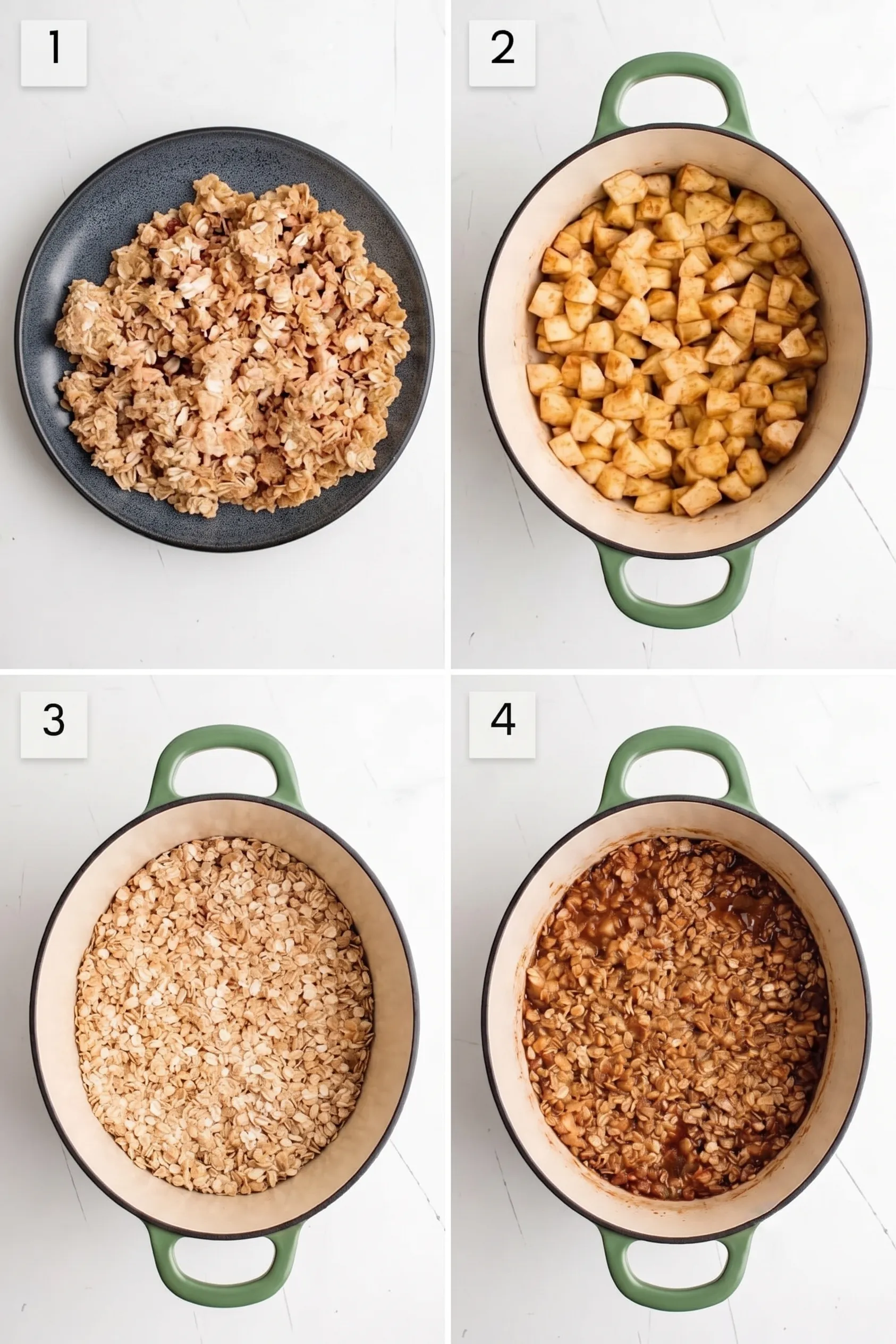 Baked oatmeal with apples, cinnamon, and brown sugar; golden baked texture, served in a pot and on a plate.