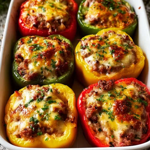 Stuffed bell peppers with ground meat and cheese, baked, garnished with herbs, vibrant colors.