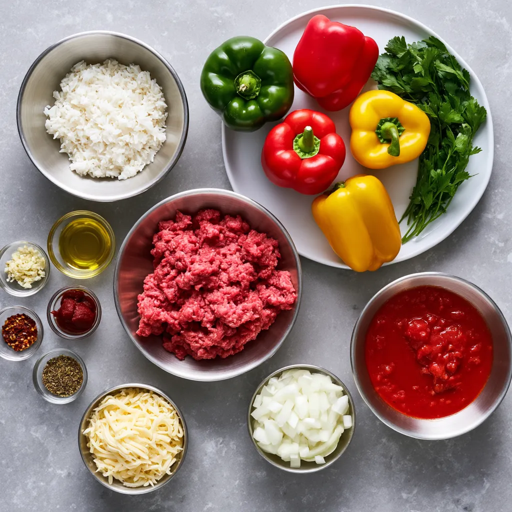 Classic-Stuffed-Peppers-2 Ingredients for stuffed bell peppers: ground beef, rice, bell peppers, tomatoes, onions, cheese, herbs, garlic.
