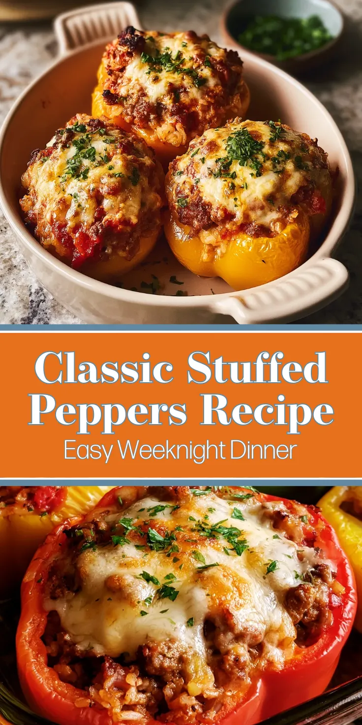 Classic-Stuffed-Peppers-Recipe-pin Baked stuffed peppers with ground meat, rice, and cheese, garnished with parsley, served in a dish.