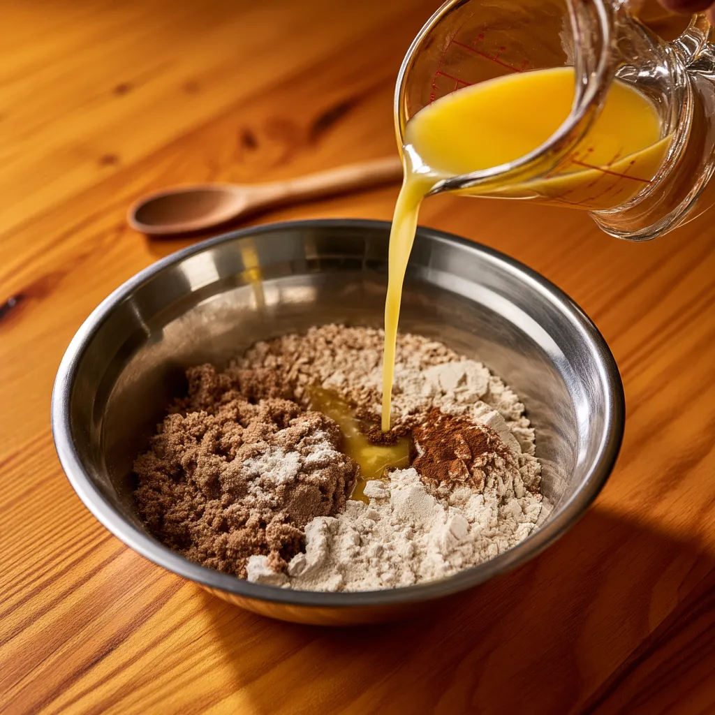 Easy-Apple-Crumble-Dairy-Free-2 Mixing flour, brown sugar, cinnamon, and melted butter in a metal bowl for a baking recipe.