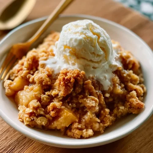 Warm and Easy Apple Crumble Dairy Free topped with vanilla ice cream in a white bowl, garnished with golden crumbs.