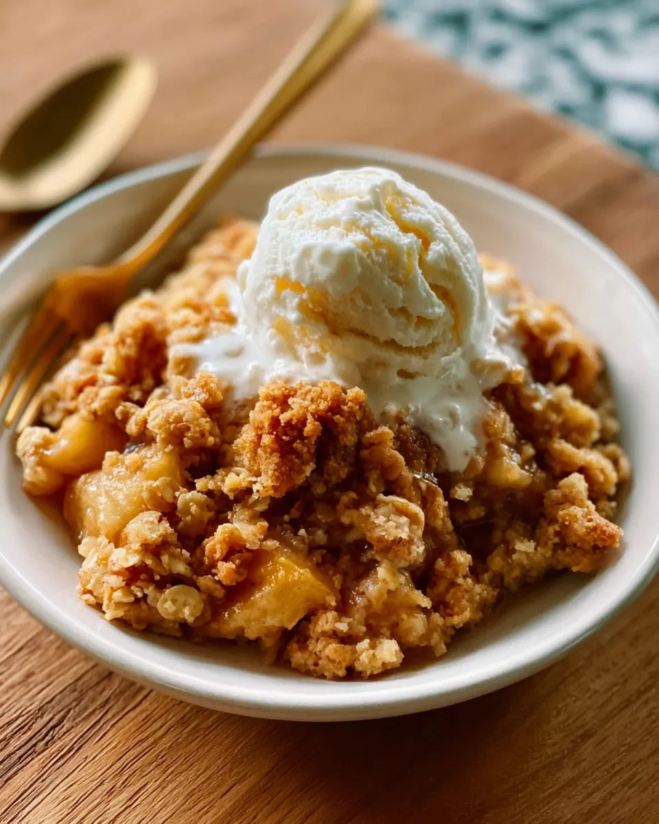 Easy Apple Crumble Dairy Free Warm and Easy Apple Crumble Dairy Free topped with vanilla ice cream in a white bowl, garnished with golden crumbs.