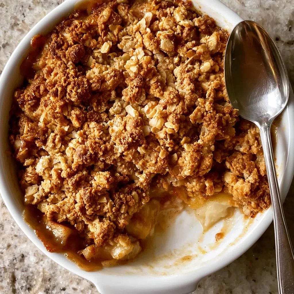 Easy-Apple-Crumble-Dairy-Free-Option-5 Baked apple crisp with oat topping, golden brown crust, and visible apple filling, served in a white dish.