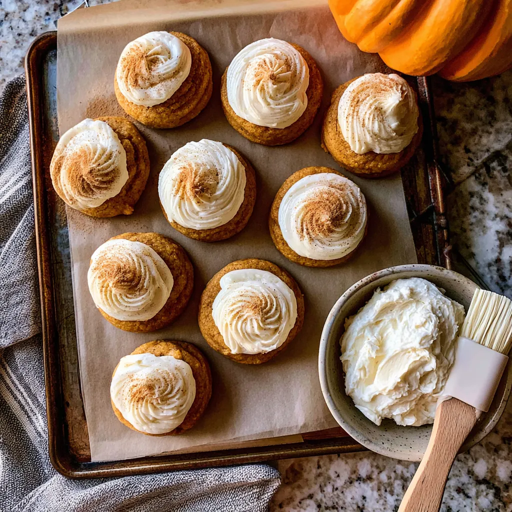 Pumpkin-Cookies-with-Cream-Cheese-Frosting-3 Pumpkin cookies topped with cream cheese frosting, drizzled with cinnamon, served on parchment paper.