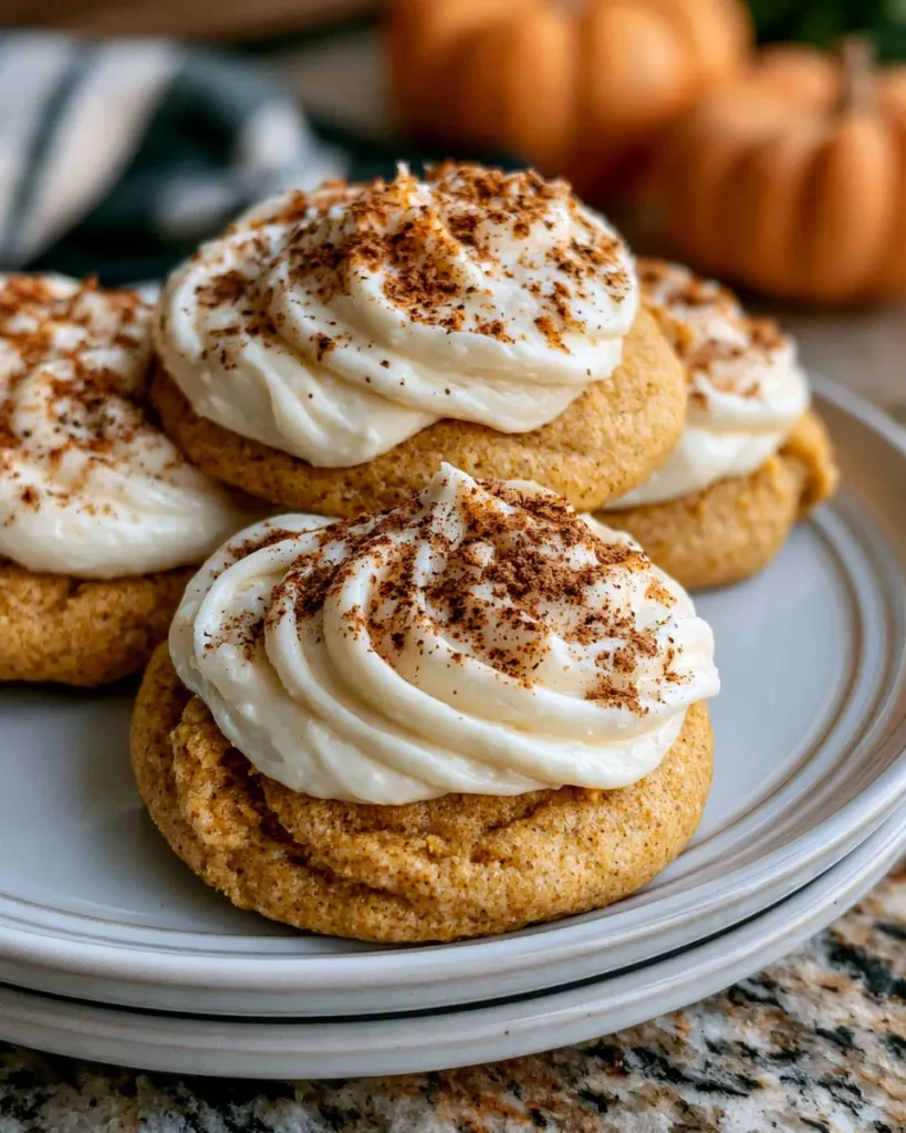 Soft pumpkin cookies topped with cream frosting and a sprinkle of cinnamon, served on a gray plate.
