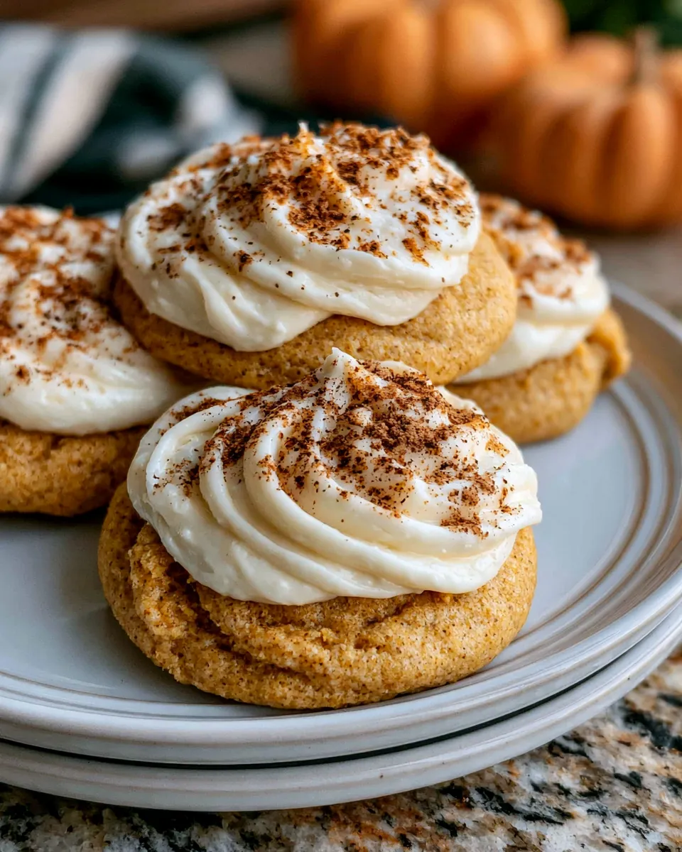Pumpkin-Cookies-with-Cream-Cheese-Frosting Soft pumpkin cookies topped with cream frosting and a sprinkle of cinnamon, served on a gray plate.