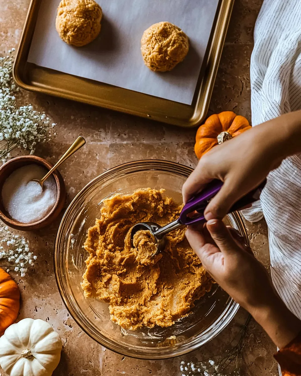Pumpkin-Cookies-with-Cream-Cheese-Frosting-2 Pumpkin cookie dough being scooped, orange-yellow mixture, baking tray, styled with small pumpkins and flowers.