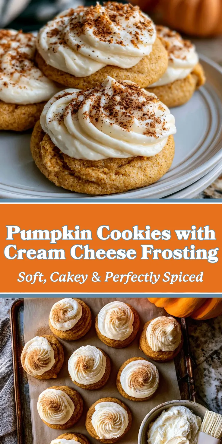Pumpkin-Cookies-with-Cream-Cheese-Frosting-pin_result Soft pumpkin cookies topped with cream cheese frosting and sprinkled with cinnamon, served on a plate.