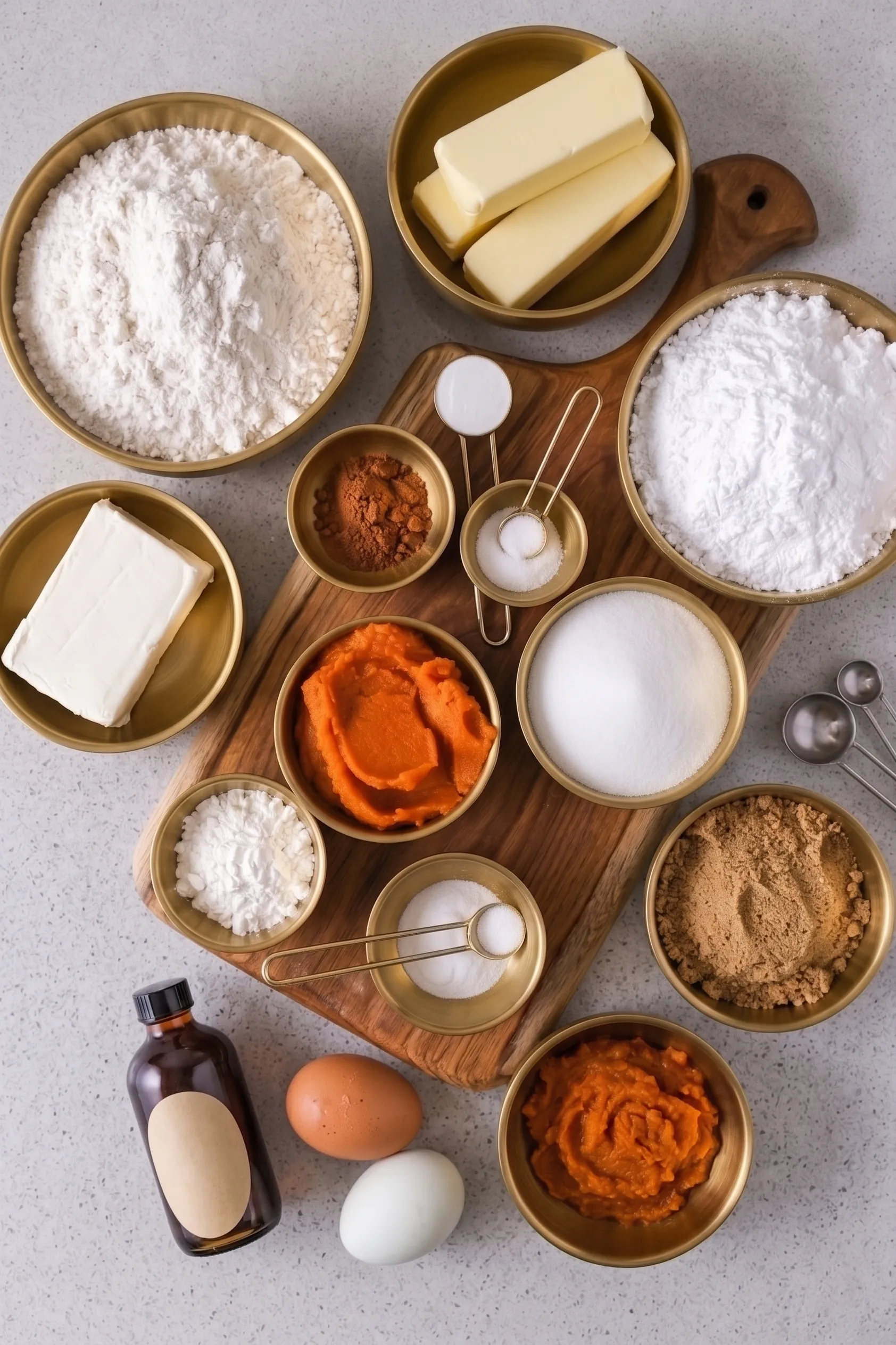 ingredients Ingredients for a pumpkin dessert: flour, butter, sugar, and spices arranged on a wooden board.