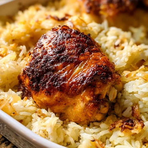 Baked chicken thighs over golden rice with crisp edges, garnished with caramelized onions, warm and inviting.