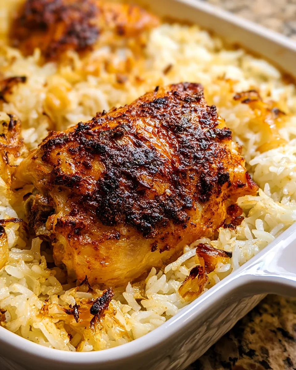 One-Pan-Baked-Chicken-and-Rice Golden brown baked chicken and rice on a bed of fluffy rice with caramelized onions, topped with crisp edges.
