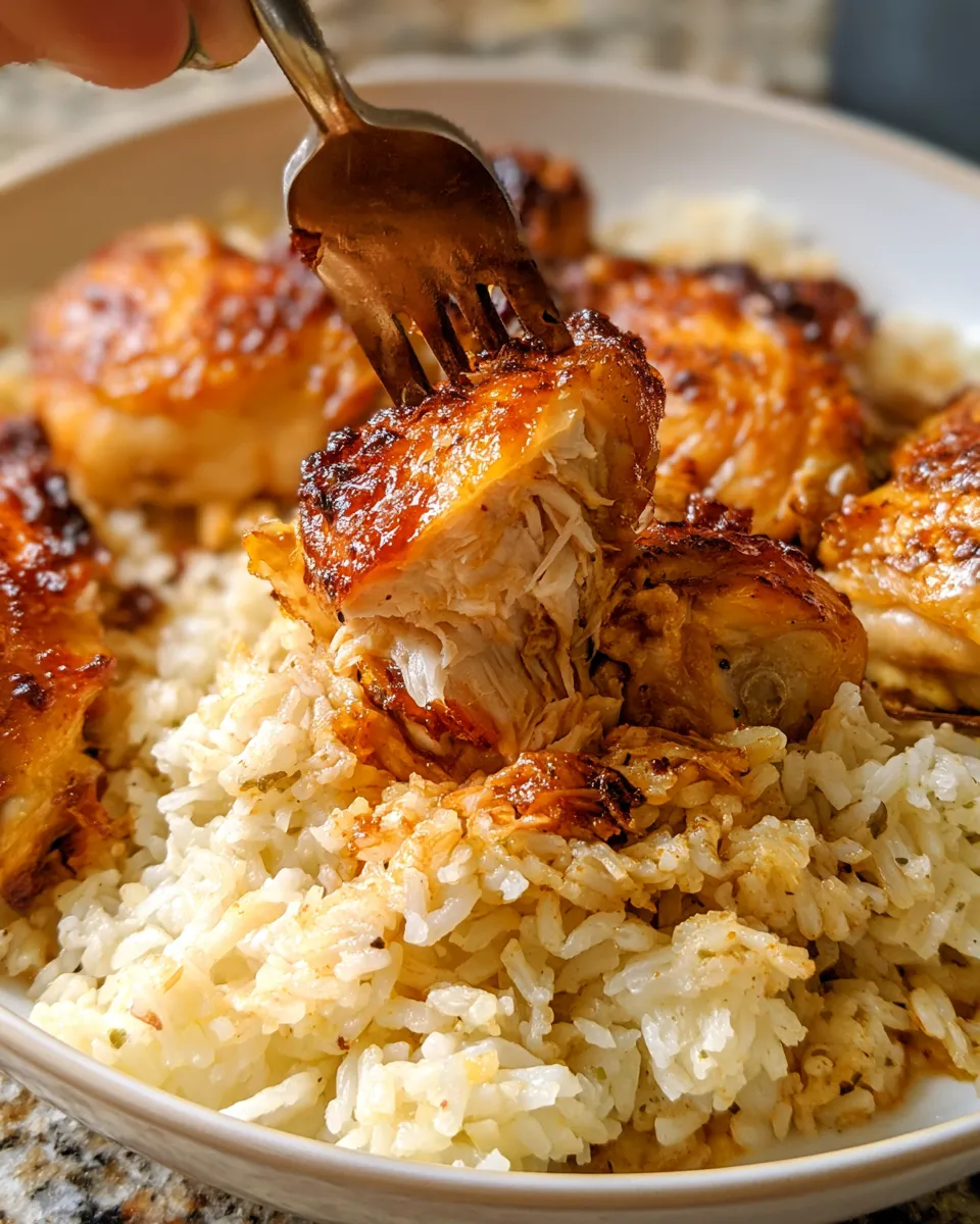 One-Pan-Baked-Chicken-and-Rice-30_result Golden-brown roasted chicken pieces served over fluffy rice, garnished with seasonings, fork lifting chicken.