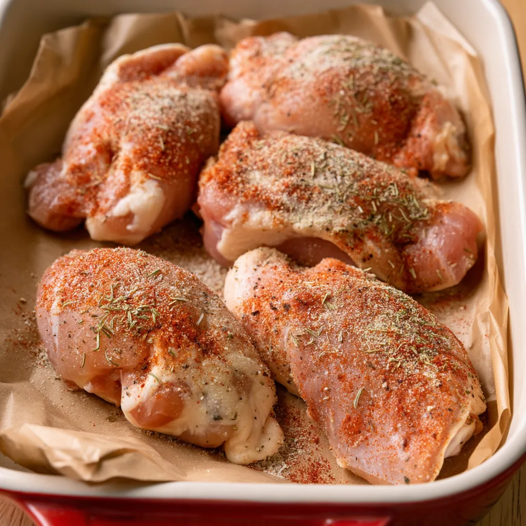 One-Pan-Baked-Chicken-and-Rice-2 Spiced chicken thighs, seasoned with paprika and herbs, arranged on parchment paper in a baking dish.